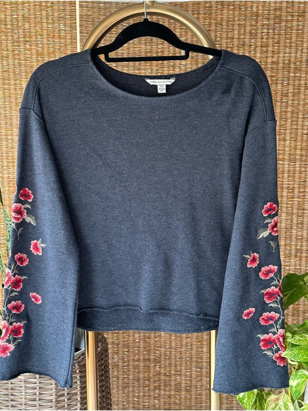 American Eagle Outfitters Navy Pullover with Pink Floral Sleeve Embroidery